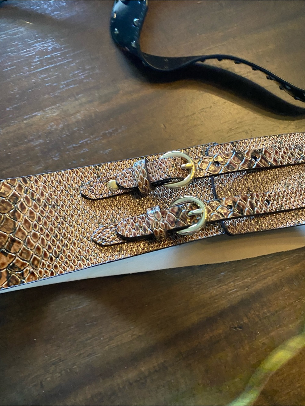 Faux-Snakeskin Brown Waist Belt with Gold Buckles